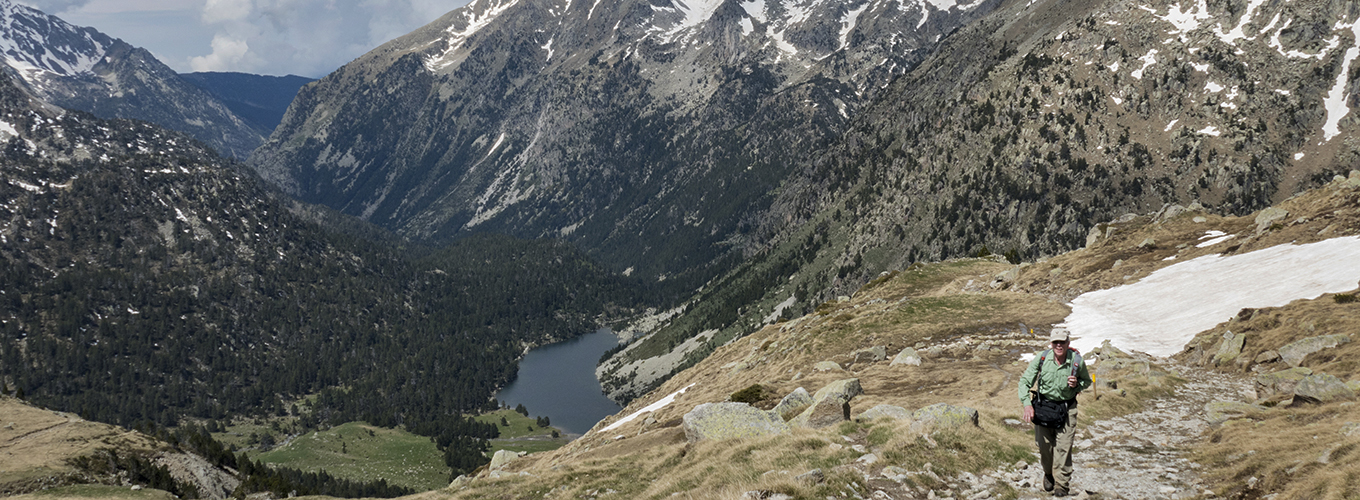 Arriving to a mountain pass in Aiguestortes San Maurici National Park, Catalonia